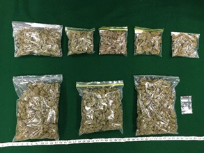 香港海关缉获的怀疑大麻花及怀疑氯胺酮。