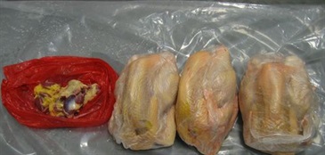 海關人員從一名由蛇口返港的54歲女子檢獲的鮮雞肉。