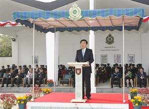 The Secretary for Financial Services and the Treasury, Professor K C Chan, delivering a speech at the Customs passing-out parade today (December 7).