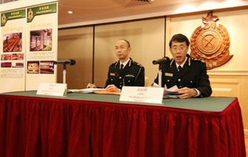 The Commissioner of Customs and Excise, Mr Richard Yuen (right), reviews the work of the Customs and Excise Department in 2007 at the year-end press conference. Also attending the press conference is the Deputy Commissioner of Customs and Excise, Mr Lawrence Wong.