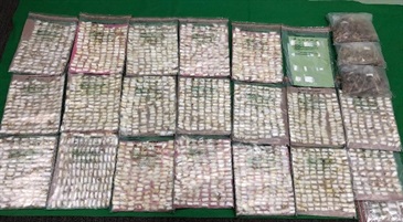香港海关九月三十日在长沙湾检获约十三点七公斤怀疑氯胺酮，估计市值约六百四十万元。图示检获的怀疑毒品及用作收藏毒品的榴梿核。