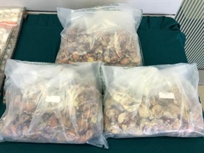 香港海关九月三十日在长沙湾检获约十三点七公斤怀疑氯胺酮，估计市值约六百四十万元。图示用作收藏毒品的榴梿核。