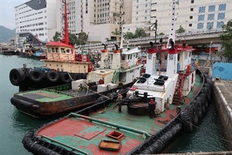 香港海關十月十五日在龍鼓洲附近海域偵破一宗涉嫌利用貨船、躉船及拖船走私的案件。經初步點算，涉嫌走私貨物包括二百四十公噸凍肉及六百箱水果，估計市值約二千萬元。圖示被扣查拖船。