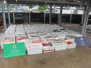 Hong Kong Customs and the Marine Police today (May 31) conducted an anti-smuggling operation and detected a suspected smuggling case using a fishing vessel in the waters off Sha Chau. A batch of suspected smuggled foods and live fish with an estimated market value of about $1 million was seized.