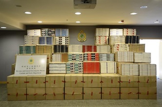 Hong Kong Customs held a press conference today (January 11) on a series of special operations against illicit cigarettes. Picture shows around 3.9 million sticks of illicit cigarettes seized by the Customs.