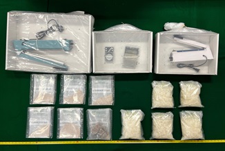 Hong Kong Customs detected three dangerous drugs cases on December 2, 6 and 13, and seized about 8.5 kilograms of suspected ketamine with a total estimated market value of about $4.9 million at Hong Kong International Airport and Tsing Yi. Photo shows the suspected ketamine and a batch of drug packaging paraphernalia seized by Customs officers in the first case.