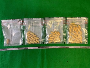 Hong Kong Customs detected two dangerous drugs internal concealment cases involving two incoming passengers at Hong Kong International Airport and seized about 1.4 kilograms of suspected cocaine with an estimated market value of about $1.4 million today (April 21) and yesterday (April 20). Photo shows the suspected cocaine seized in the second case.