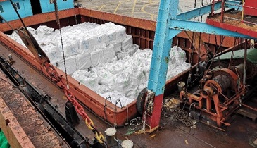 香港海关昨日（四月二十二日）进行反走私行动，在香港国际机场对开海面侦破一宗涉嫌利用快艇及趸船走私的案件，检获约一百六十二公吨怀疑走私冻肉，估计市值约六百五十万元，并拘捕十五人。这是海关今年破获最大宗的走私冻肉案件。图示部分在其中一艘趸船上检获的怀疑走私冻肉。