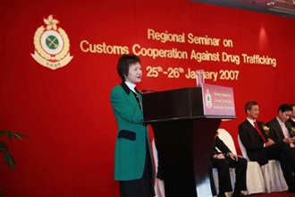 Commissioner for Narcotics, Ms Sally Wong, today (January 25) delivering a speech at the opening ceremony of "Regional Seminar on Customs Cooperation Against Drug Trafficking".