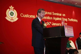 Commissioner of Customs and Excise, Mr Timothy Tong, today (January 25) delivering a speech at the opening ceremony of "Regional Seminar on Customs Cooperation Against Drug Trafficking".