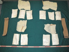 Customs yesterday (July 25) arrested two male passengers departing for Sydney, Australia, and seized about 2.8 kilogrammes of heroin. Photo shows 10 packets of the dangerous drugs seized and some packing materials.