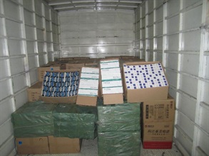 Illicit cigarettes seized in a cross-boundary lorry at Lok Ma Chau Control Point.
