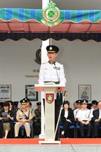 Deputy Commissioner of Customs and Excise, Mr Lawrence Wong, gives a speech at the Passing-out and Deputy Commissioner's Farewell Parade today (May 30).