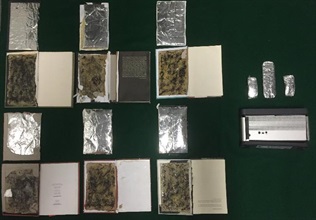 香港海关分别于七月十七日、二十二日及二十三日，在香港国际机场空邮中心检获约一千六百克怀疑可卡因。图示收藏于六本书籍的背部封面（左）及一个喇叭（右）内的怀疑可卡因。