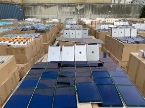 Hong Kong Customs detected a suspected smuggling case by a river trade vessel in the eastern waters of Hong Kong on October 14. A batch of suspected smuggled goods with an estimated market value of about $1.2 billion was seized, including expensive food ingredients, electronic goods, high-value goods and scheduled endangered species. This is the largest smuggling case detected by Hong Kong Customs on record in terms of the seizure value. Photo shows some of the suspected smuggled electronic goods seized.