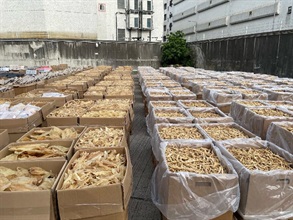 Hong Kong Customs detected a suspected smuggling case by a river trade vessel in the eastern waters of Hong Kong on October 14. A batch of suspected smuggled goods with an estimated market value of about $1.2 billion was seized, including expensive food ingredients, electronic goods, high-value goods and scheduled endangered species. This is the largest smuggling case detected by Hong Kong Customs on record in terms of the seizure value. Photo shows some of the suspected smuggled expensive food ingredients and scheduled endangered species seized.