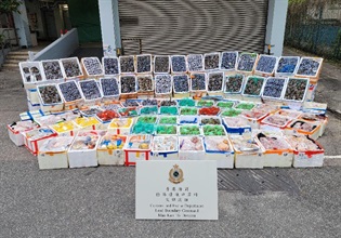 Hong Kong Customs and the Food and Environmental Hygiene Department seized a total of about 17 000 suspected smuggled hairy crabs and about 1.1 tonnes of suspected smuggled frozen food with a total estimated market value of about $1.59 million in a joint operation at Man Kam To Control Point on October 22. Photo shows the suspected smuggled hairy crabs and frozen food seized.