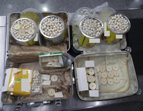 香港海關今日（十月十六日）在香港國際機場檢獲約二十九公斤懷疑象牙製品。圖示海關人員檢獲的懷疑象牙製品。