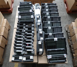 Hong Kong Customs detected a suspected smuggling case using a river trade vessel in the western waters of Hong Kong on April 21. A large batch of suspected smuggled goods with an estimated market value of about $160 million was seized, including assorted electronic products, musical instrument accessories and audio equipment. Photo shows some of the suspected smuggled electronic products seized.