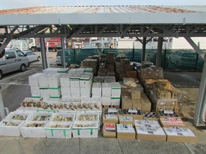 Hong Kong Customs yesterday (April 19) seized a large quantity of suspected smuggled goods including more than 1 100 kilograms of geoduck clams, about 490 000 pieces of stationery, more than 6 300 pieces of skin care products and about 27 600 batteries, with an estimated market value of more than $3 million in the waters off Waglan Island.