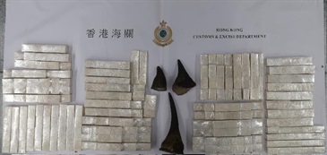 Hong Kong Customs today (October 17) seized about 43 kilograms of suspected worked ivory and about 2 kilograms of suspected rhino horns with an estimated market value of $1.3 million in total at the Hong Kong International Airport. Picture shows suspected worked ivory and suspected rhino horns seized.