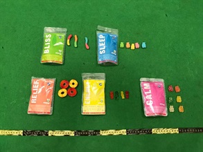 From January to November this year, Hong Kong Customs detected a total of 20 import cases of products containing cannabis through postal parcel, express courier or passenger channels. Photo shows some of the seized candies suspected of containing cannabis.