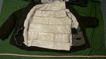 Hong Kong Customs seized suspected cocaine at Hong Kong International Airport on February 13. Picture shows the suspected cocaine seized from the interlining of the jacket.