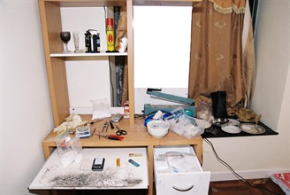 'Crack' cocaine manufacturing apparatus seized inside a bedroom.