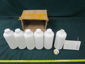 The Customs and Excise Department mounted a two-week operation codenamed "Trans Mountain II" during the Singles' Day sales period in mid-November to step up enforcement action against the smuggling of prohibited and controlled items through postal and cargo channels. Photo shows some of the suspected gamma-butyrolactone seized.