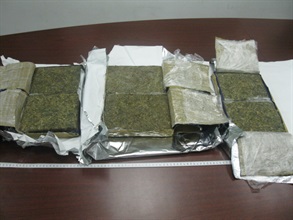 A total of about 6.3 kilograms herbal cannabis, worth $500,000, wrapped by aluminum foils inside the parcel.