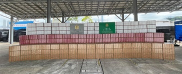 Hong Kong Customs detected two large-scale illicit cigarette smuggling cases on October 14 and 15 with a total seizure of about 43 million suspected illicit cigarettes made in Yau Ma Tei, San Tin and Tsing Yi. The estimated market value was about $120 million, with a duty potential of about $81 million. Photo shows some of the suspected illicit cigarettes seized.