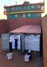 Hong Kong Customs detected two large-scale illicit cigarette smuggling cases on October 14 and 15 with a total seizure of about 43 million suspected illicit cigarettes made in Yau Ma Tei, San Tin and Tsing Yi. The estimated market value was about $120 million, with a duty potential of about $81 million. Photo shows two containers concealing suspected illicit cigarettes discovered by Customs officers on board a barge.