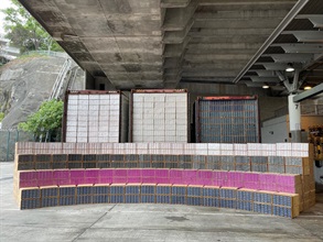 Hong Kong Customs on January 9 conducted a special enforcement operation and detected a suspected illicit cigarette smuggling case involving a barge in the waters near Yau Ma Tei Anchorage. About 24 million suspected illicit cigarettes with an estimated market value of about $66 million and a duty potential of about $46 million were seized. Photo shows the suspected illicit cigarettes seized.