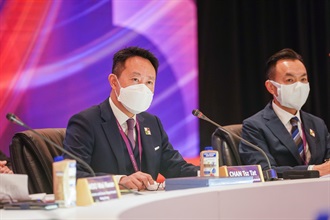 The Deputy Commissioner (Control and Enforcement) of Customs and Excise, Mr Chan Tsz-tat, delivers an opening speech at the 6th Three-Country-Five-Party Talks organsied by the Customs and Excise Department of Hong Kong on February 15.