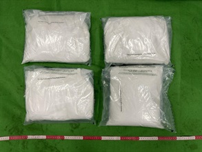 Hong Kong Customs detected two drug trafficking cases through the airfreight channel at Hong Kong International Airport in November last year and January this year. A total of about 146 kilograms of suspected ketamine and suspected opium, with an estimated market value of about $24.8 million, were seized. Photo shows the suspected ketamine seized. The total weight of the drugs was about 16kg, with an estimated market value of about $9.8 million.