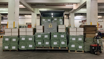 Hong Kong Customs today (March 3) raided a suspected illicit cigarette storage in Yuen Long and seized about 2.8 million suspected illicit cigarettes with an estimated market value of about $10.3 million and a duty potential of about $7 million. Photo shows the suspected illicit cigarettes seized.