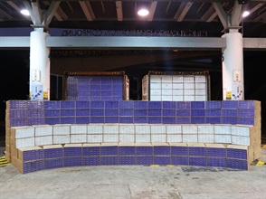 Hong Kong Customs on April 5 detected a suspected illicit cigarette smuggling case involving a barge in the waters off Tsing Yi. About 20 million suspected illicit cigarettes with an estimated market value of about $75 million and a duty potential of about $50 million were seized. Photo shows the suspected illicit cigarettes seized.