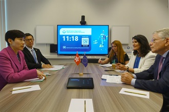 The Commissioner of Customs and Excise, Ms Louise Ho, from June 22 to 24 led a delegation to attend the 141st/142nd Sessions of the Customs Co-operation Council of the World Customs Organization in Brussels, Belgium. Photo shows Ms Ho (first left) meeting with the Director-General of the Directorate-General for Taxation and Customs Union of the European Commission, Mr Gerassimos Thomas (first right), on June 23.