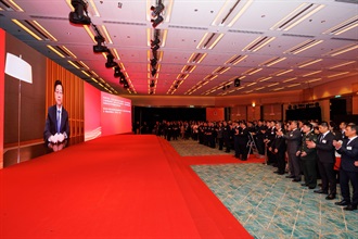 Hong Kong Customs today (January 21) held a reception in celebration of International Customs Day 2025 at the Hong Kong Convention and Exhibition Centre. Photo shows the Chief Executive, Mr John Lee, giving a pre-recorded congratulatory speech at the celebration reception.