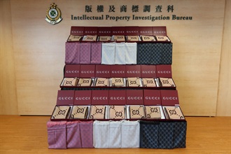 香港海关于一月二十八日在元朗执行打击冒牌物品行动，检获约一万一千多件怀疑冒牌货物，包括颈巾及衣服，估计市值约五百八十万元。图示检获的怀疑冒牌货物。