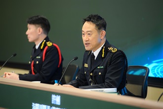 The Commissioner of Customs and Excise, Mr Chan Tsz-tat (right), chaired Customs' 2024 year-end press conference held at the Customs Headquarters Building today (February 18).