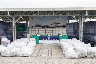 Hong Kong Customs and the Marine Police conducted joint operations from February 12 to 19 targeting large-scale maritime smuggling activities and six cases involving suspected illicit cigarettes and suspected dangerous drugs were detected. During the joint operations, a total of about 16.93 million sticks of suspected illicit cigarettes and 459 kilograms of suspected cannabis buds were seized. Photo shows the suspected illicit cigarettes and suspected cannabis buds seized.