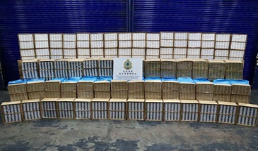 香港海关昨日（三月六日）在元朗捣破一个怀疑私烟贮存仓库，检获约六百万支怀疑私烟。图示检获的怀疑私烟。