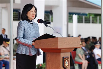 The Convenor of the Non-official Members of the Executive Council, Mrs Regina Ip, delivers a speech at the Hong Kong Customs Passing-out Parade today (June 5).
