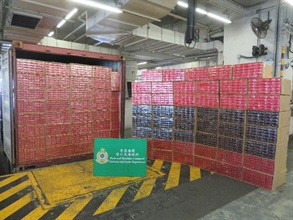 Hong Kong Customs today (March 8) seized about 2.8 million suspected illicit cigarettes with an estimated market value of about $7.6 million and duty potential of about $5.3 million at the Kwai Chung Customhouse Cargo Examination Compound. Photo shows the suspected illicit cigarettes seized.