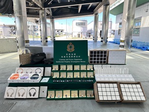 香港海关八月二十一日在港珠澳大桥香港口岸检获约一万四千件怀疑冒牌货物，估计市值约一百六十万元。图示部分检获的怀疑冒牌货物。