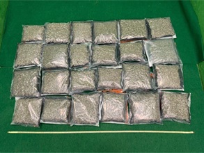 Hong Kong Customs yesterday (September 29) a detected drug trafficking case involving baggage concealment at Hong Kong International Airport. About 13 kilograms of suspected cannabis buds with an estimated market value of about $2.8 million were seized. Photo shows the suspected cannabis buds seized.