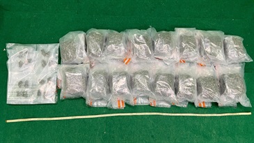 香港海关昨日（十月二十二日）在香港国际机场侦破两宗涉及入境旅客的贩毒案件，共检获约十六公斤怀疑大麻花，估计市值共约三百二十万元。图示第二宗案件中检获的怀疑大麻花。