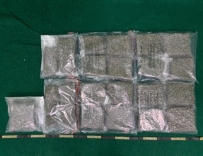 香港海關昨日（十二月十二日）在香港國際機場破獲一宗旅客販運毒品的案件，檢獲約十一公斤懷疑大麻花，估計市值共超過二百二十萬元，並拘捕一名男子。圖示於案件中檢獲的懷疑大麻花。