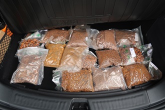 Hong Kong Customs today (December 20) detected a suspected smuggling case involving a private car at the Heung Yuen Wai Boundary Control Point and seized 12 kilograms suspected smuggled Cattle Gallstones with a total estimated market value of about $13.78 million. Photo shows the suspected smuggled Cattle Gallstones seized from the rear trunk of the private car.